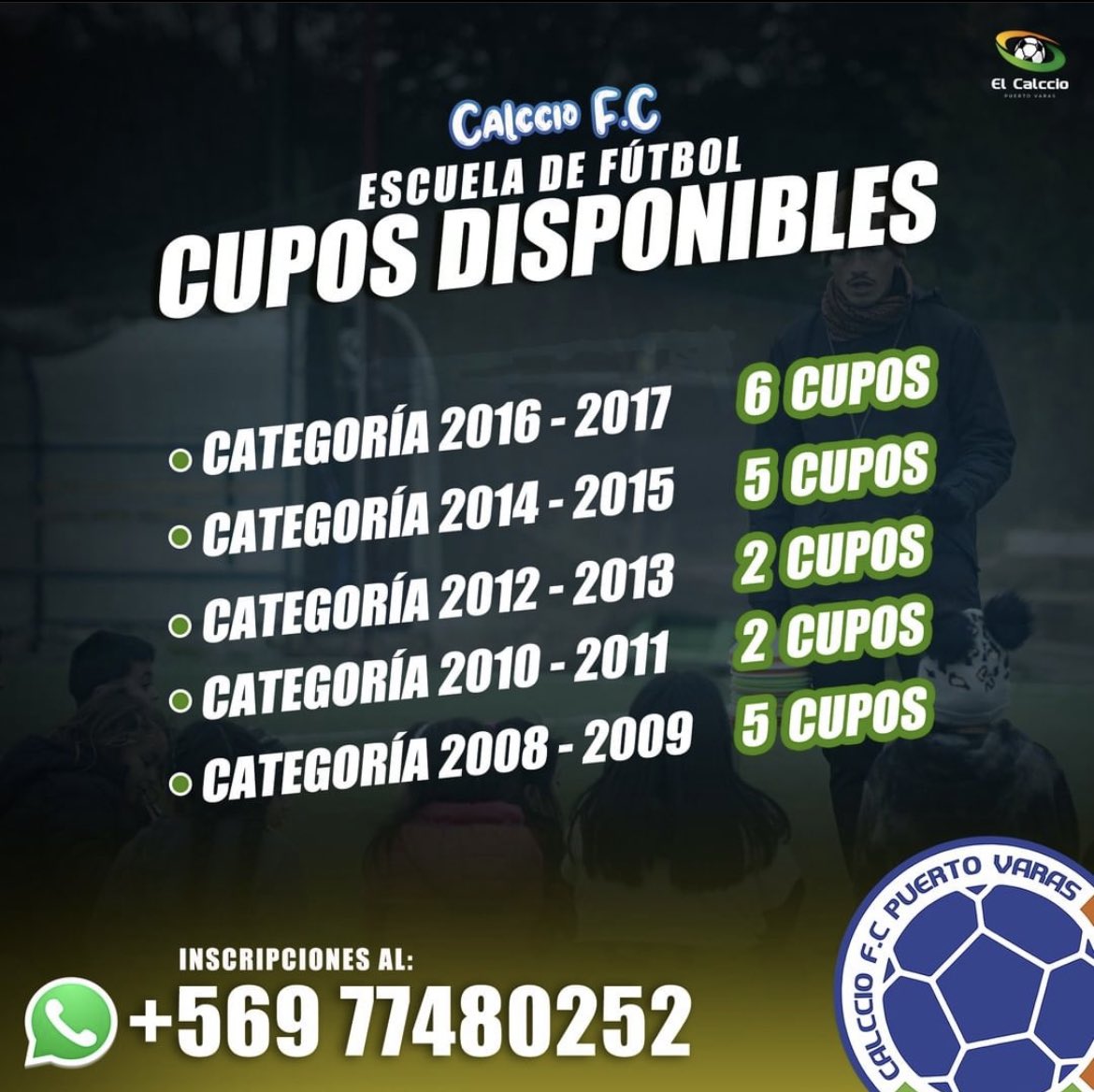 Cupos disponibles Escuela de fútbol el Calccio FC