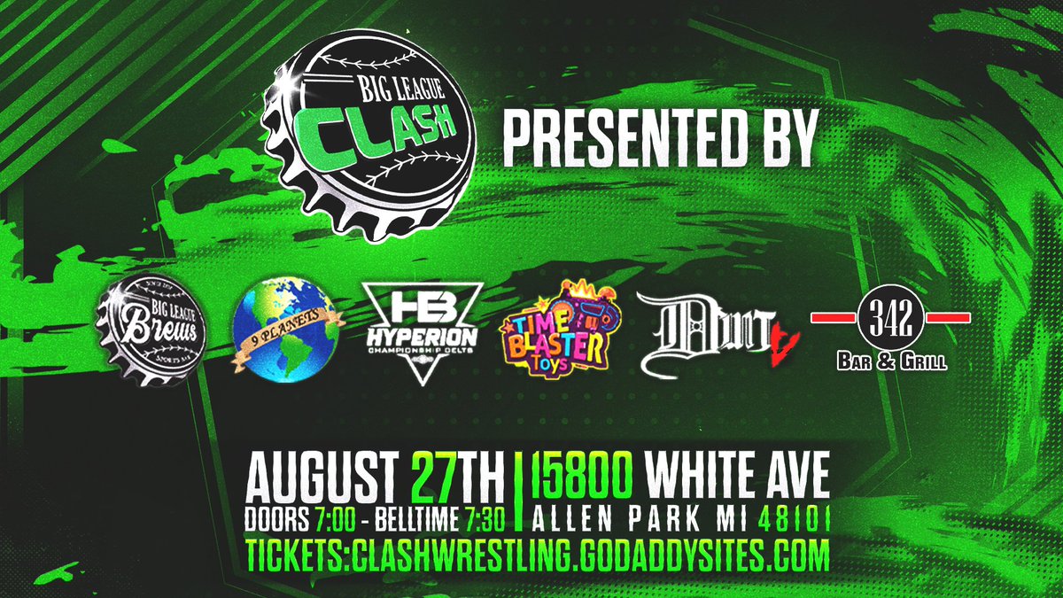clashwrestling's tweet photo. We would to #thank all the #Sponsors who have supported us in presenting #BIGLEAGECLASH! See you Saturday! 😎
#CLASHWrestling
#prowrestling #indywrestling #rasslin #wrestleUNIVERSE #WrestlingTwitter #wrestling #support #SupportLocal #thankyout #Entertainment #Detroit #Michigan https://t.co/wyCFmeAx2U