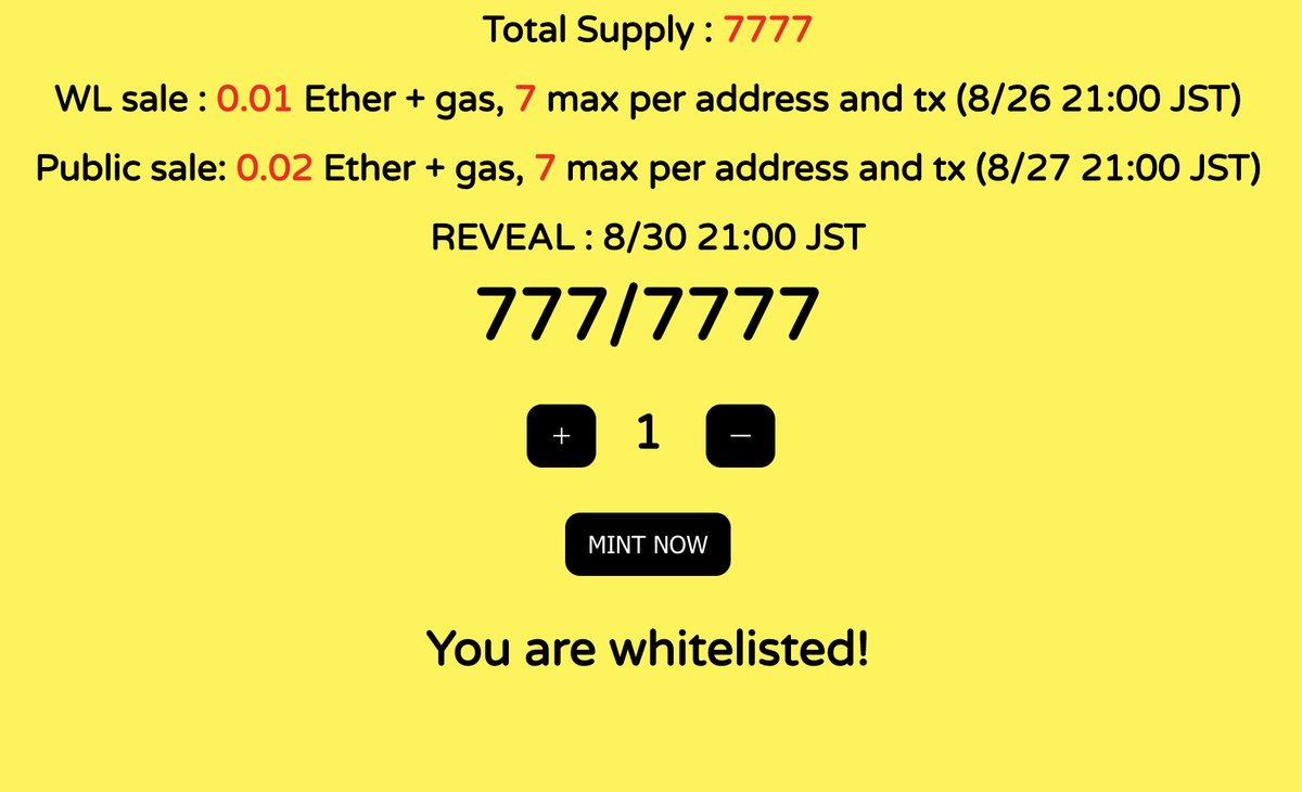 🐯ブックマーク推奨 🦀

NounSNUG MINT SITE 公開！

nounsnug.wtf

[ WL保有者は事前確認ができます ]
1. ウォレットコレクトする
2. サイトをリフレッシュ(更新)🚨重要
3. WL保有者は "MINT NOW" ボタンの下に You are whitelisted! と表示されます

お問合せはDiscordのsupportまで