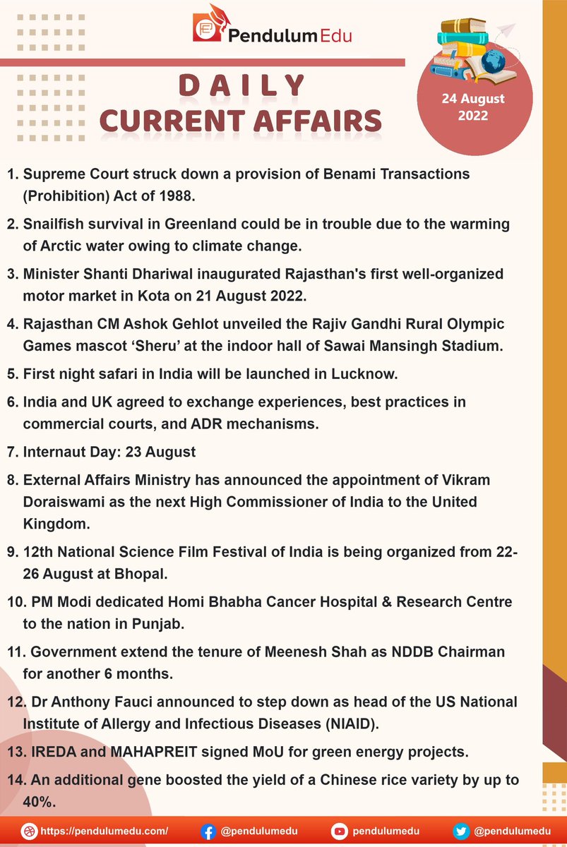 BORN4WIN's tweet photo. Here ππ is the important Current Affairs of 24th August, 2022.
#upsc #tspsc #appsc #gjpsc #gs
#currentaffairs #August2022 #gk
#mppsc #mhpsc #kpsc #hpsc
(Data courtesy: Pendulumedu) https://t.co/5Fn9E6Rzwo