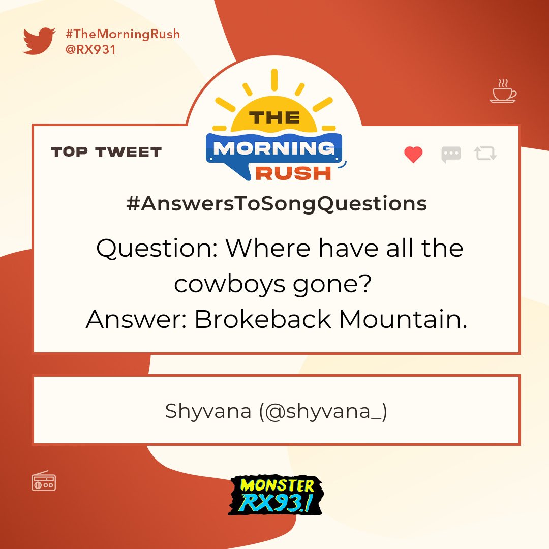 RX931's tweet photo. Top Entry: #AnswersToSongQuestions from @shyvana_ #TheMorningRush https://t.co/8006cgpA26