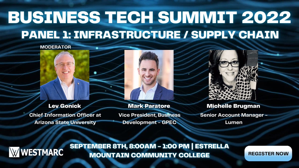 WESTMARC's tweet photo. There is an amazing lineup of moderators and panelists participating at the Business Technology Summit. Don't miss your chance to hear their insights about how infrastructure and supply chain affect business technology. Register Now. https://t.co/BgB5kWOkgc

#TechSummit2022 https://t.co/HDY1wmIMn2