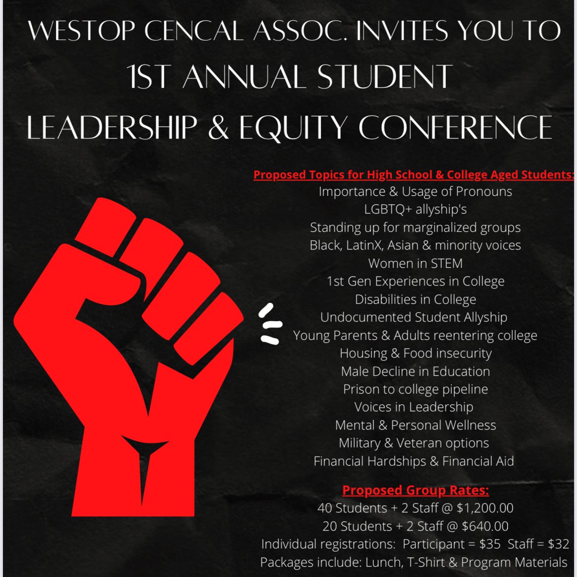 Join us for our 1st Annual Student Leadership &amp; Equity Conference. Saturday, October 22, 2022, 9:00 am - 2:30 pm at Fresno City College - OAB Auditorium 
To RSVP or if you have any questions, please contact Ben Reynoso at 559-443-8689 or ben.reynoso@fresnocitycollege.edu