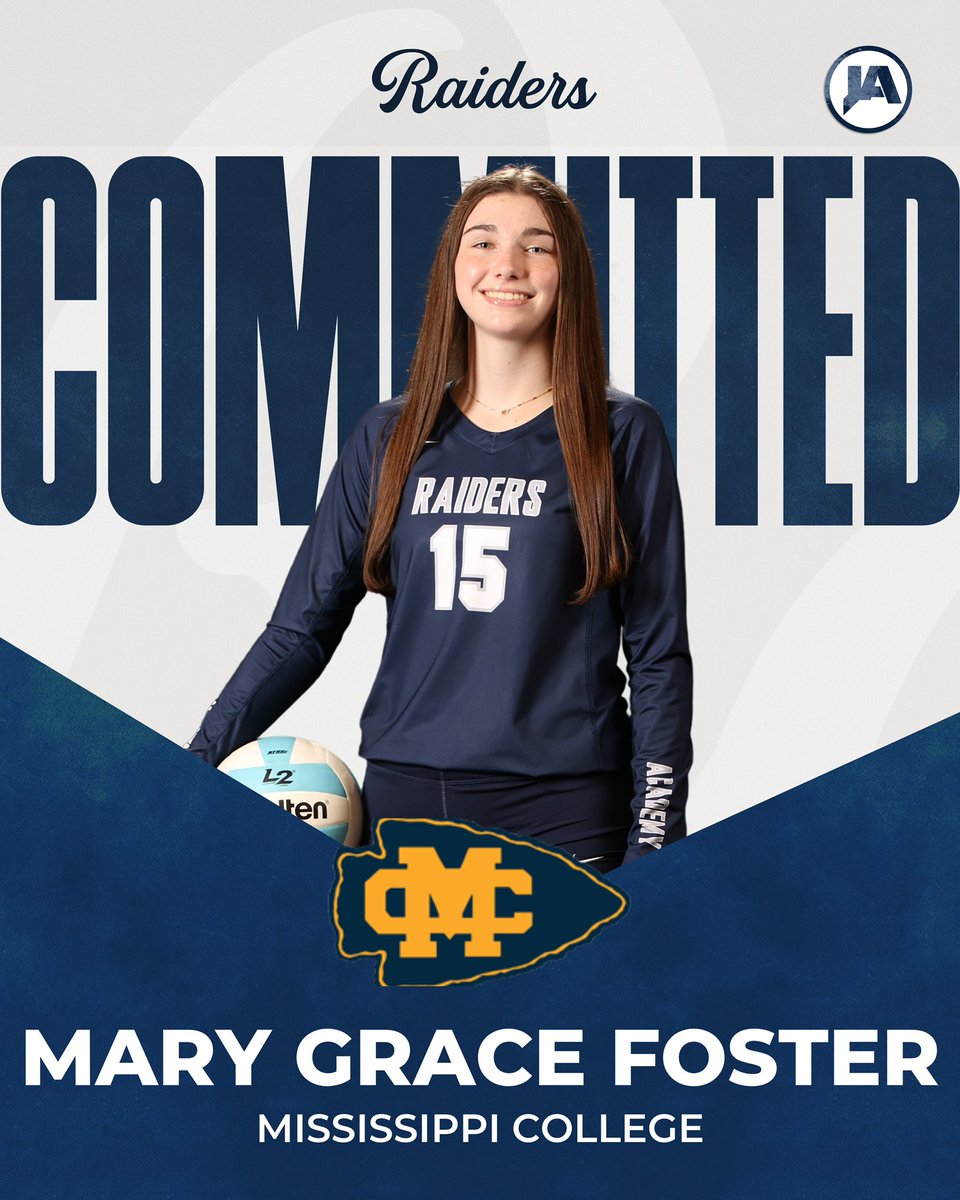 JARaiderVB's tweet photo. 🔵🟡BIG NEWS! 🟡🔵

Congratulations to senior, Mary Grace Foster, for committing to continue her athletic and academic career at Mississippi College! We are so excited for you MG! You will do amazing things at the next level. MC is getting one of the best! #WeAreJA #GoChocs https://t.co/M6eOR3CMt3