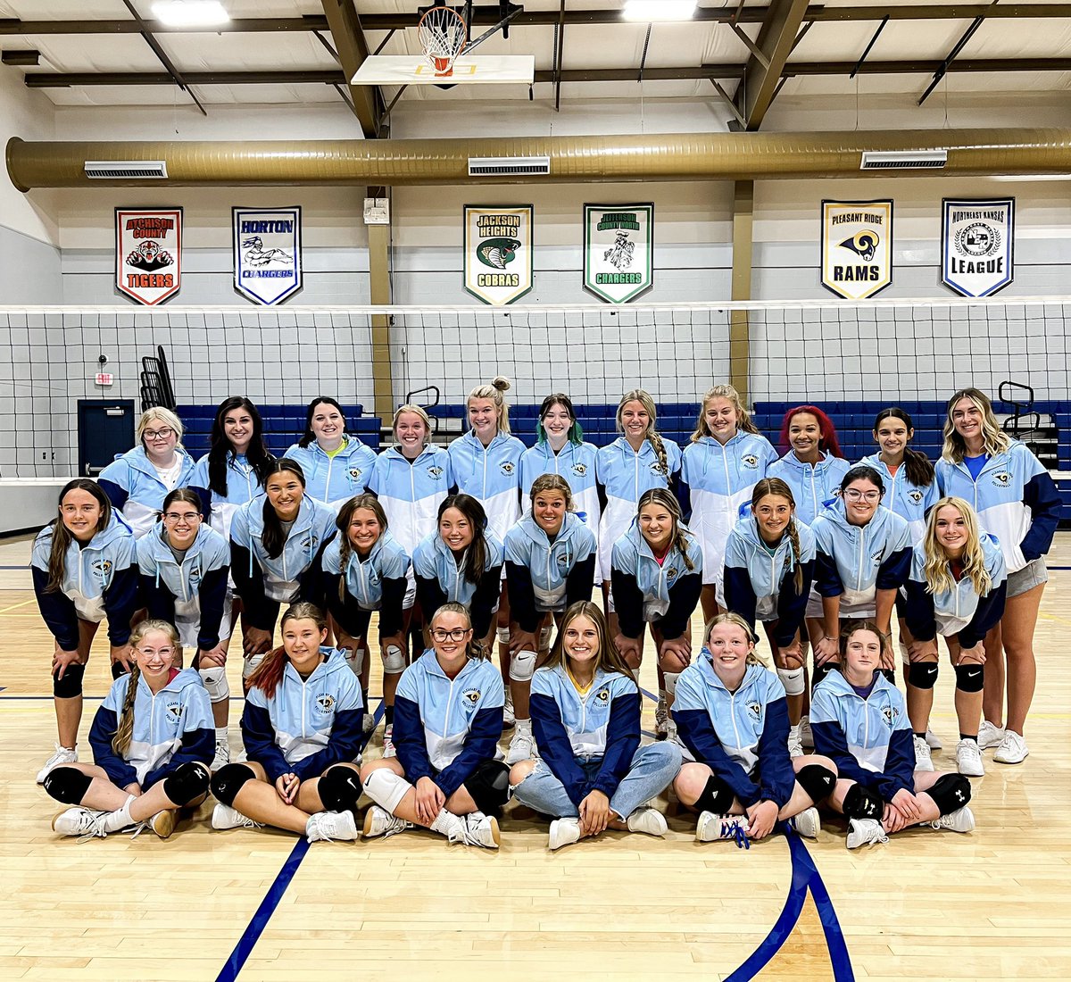 VolleyballRidge's tweet photo. Okay… did the seniors not kill it on our jackets this year?! Less than a week until our first official game! 💛🏐💙 https://t.co/ew515tWqx3