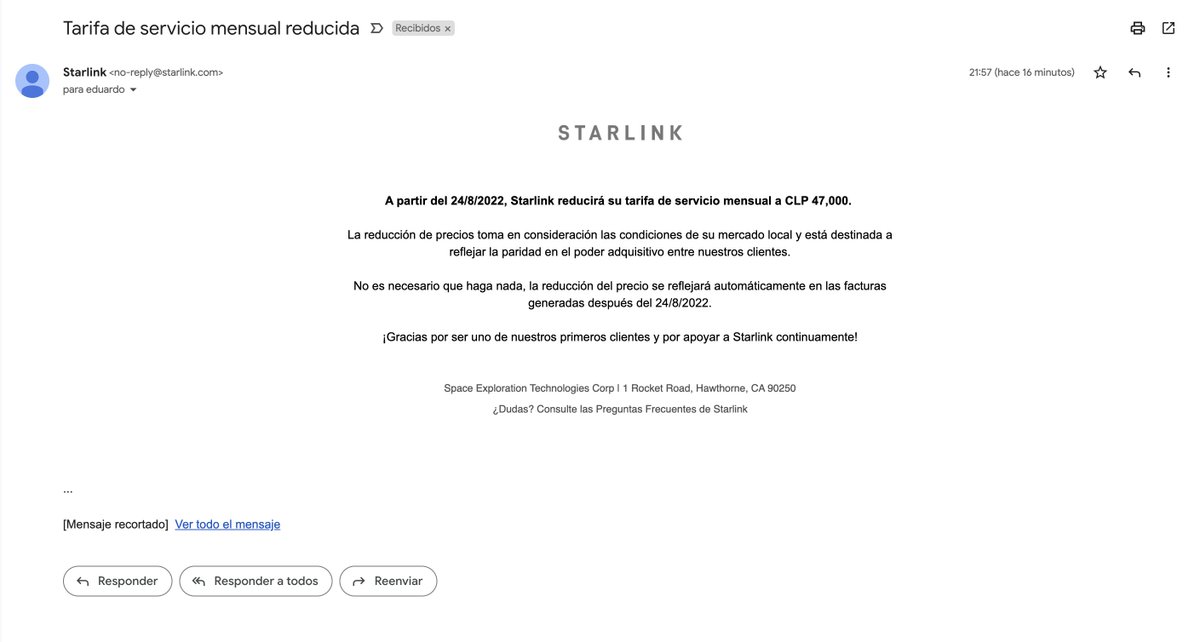 evack's tweet photo. Sentía que US$100 +iva mensual por Internet Satelital de Starlink (SpaceX) era caro, pero los pagaba feliz porque es mi conexión al mundo desde un sitio rural (medio de la montaña). Hoy recibi esta carta con una rebaja a menos de la mitad. Gracias Elon Musk! https://t.co/p2RxAgPgxs