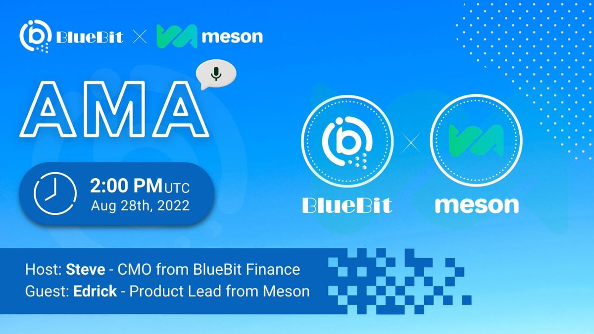 BlueBitFinance's tweet photo. 🤘 AMA BlueBit x Meson 🤘

🗓 28/08/2022
⏰ 2:00 PM UTC
Where: https://t.co/Pil4R6qfJ0

✍️ Ask questions on for $100 rewards. 5 most interesting question will be picked up.

🎯Follow,Lk,Rt &amp; tag 3 friends https://t.co/wPnL1l7ocB