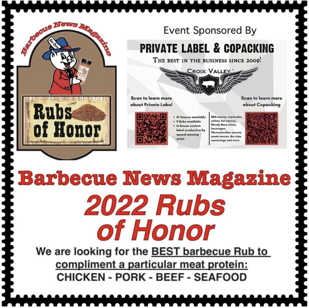 BBQNewsMagazine's tweet photo. The 2022 Rubs of Honor entry window is open! Deadline for entry is October 3, 2022.
You can find your entry form on our website or by clicking on this link: https://t.co/2Ml7Qq3oIt
2022 Rubs of Honor Sponsored By Croix Valley!
#rubsofhonor #nowthatsmokin #nowthatsgrillin https://t.co/euZHXytBDY