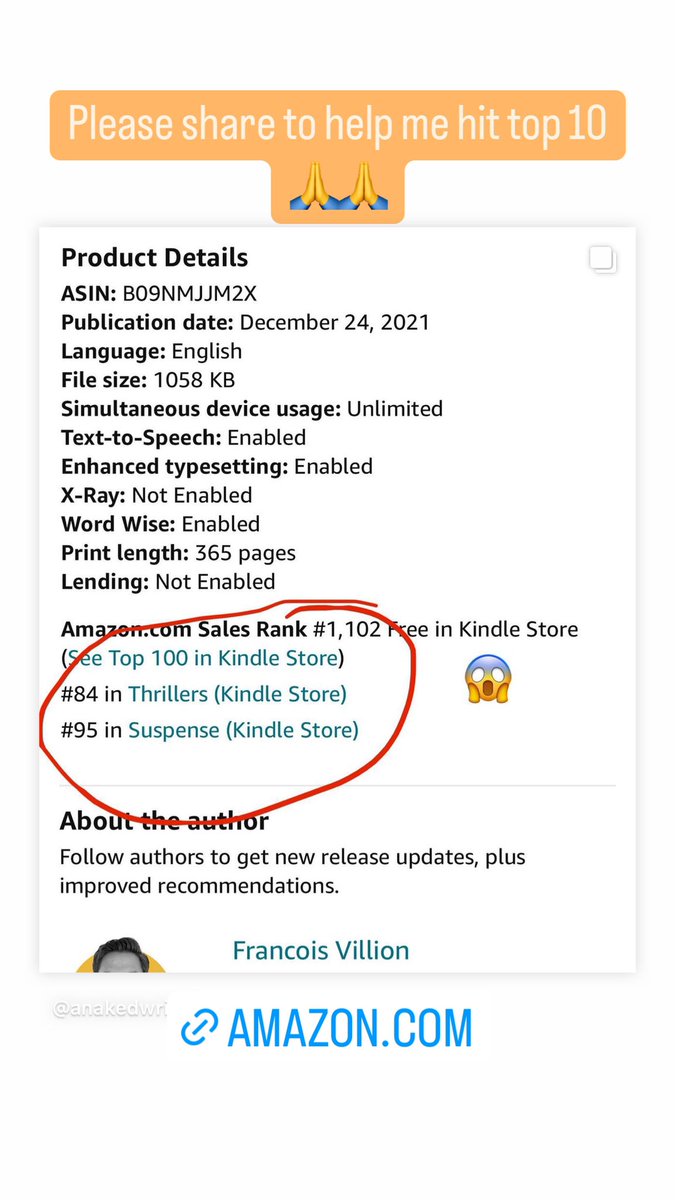 anakedwriter's tweet photo. 🙏PLEASE HELP: I need your help to get this into the top 10 😱 in #thrillers 

🚨FREE novel - only a few days left
https://t.co/opCI7SOJ4Z

#thrillerbooks #thrillerbook #thrillernovel #kindle #KindleUnlimited https://t.co/3JpFOJuSJg