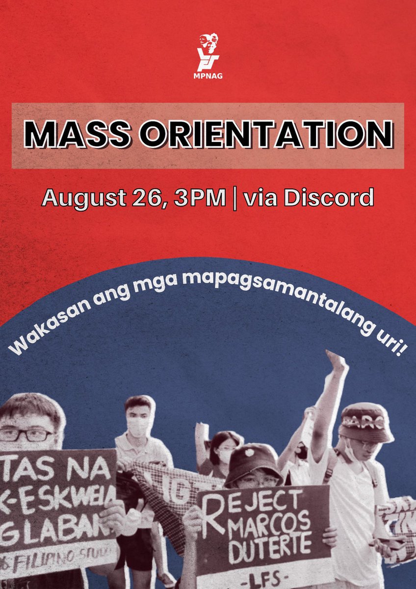 LFS_MPNAG's tweet photo. Sumama sa pagtindig at maging bibig ng masang api! 

Sumali sa League of Filipino Students - MPNAG sa darating na mass orientation ngayong Biyernes (Agosto 26), 3PM sa Discord.

Mag-aral, maglingkod, mangahas na makibaka! https://t.co/7U3tJXQufk
