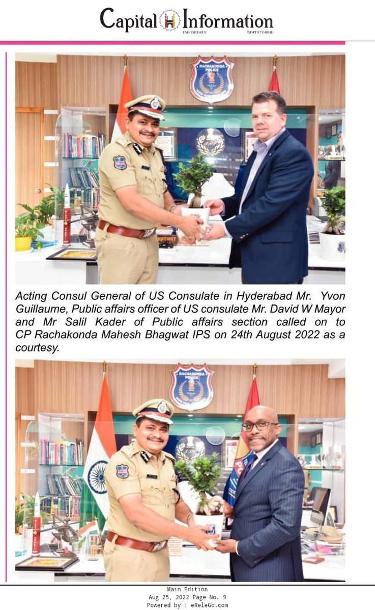 MalkajgiriCop's tweet photo. Acting #Consul_General of #US Consulate in #Hyderabad Mr. Yvon Guillaume, Public affairs officer of US consulate Mr. David W Mayor and Mr. Salil Kader of Public affairs section called on to #CP_Rachakonda Sri. #Mahesh_Bhagwat_IPS., on 24th August 2022 as a courtesy. https://t.co/pxfYMEj8TV