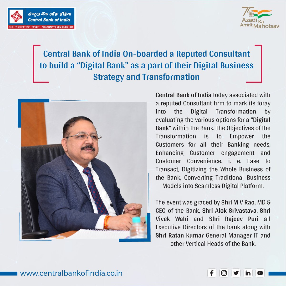 centralbank_in's tweet photo. Central Bank of India taking a step towards Digital Transformation! 

#DigitalBanking 
#AmritMahotsav
#AzadiKaAmritMahotsav
#CentralToYouSince1911 https://t.co/YXPWECJkO2
