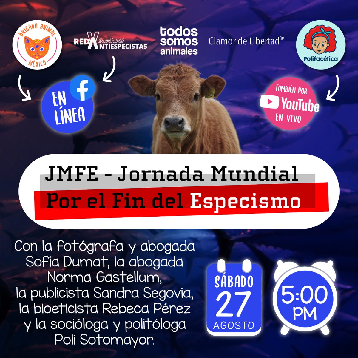segoviasan's tweet photo. Con motivo de la Jornada Mundial Por el Fin del Especismo habrá un conversatorio el 27 de agosto-5 pm con: @ClamorDLibertad , Norma Gastellum, @segoviasan, @red_veganas y @PoliSotomayor
Activa tu recordatorio
🔗https://t.co/GuYLkgiUS1
#TodosSomosAnimales sí, también tú.
#JMFE https://t.co/Sr9YiP0rJd