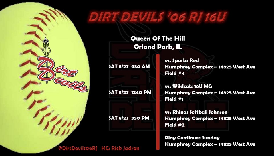 2022 Fall Ball starts this weekend! Come check us out at Queen of the Hill in Orland Park IL <a href="/DirtDevils06RJ/">Dirt Devils 06 RJ 18U Softball</a>