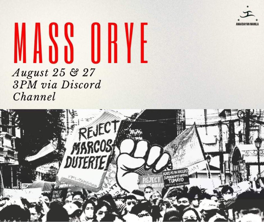 AnakbayanMNL's tweet photo. AUGUST 25 &amp; 27 2022
3PM
VIA DISCORD

Mga ferson, tara na't pag-aralan ang ating lipunan!

Magpaorganisa sa Anakbayan Manila!

MAGPAREHISTRO DITO:
https://t.co/3LG5kSedxY
https://t.co/3LG5kSedxY
https://t.co/3LG5kSedxY

#JoinAnakbayanManila https://t.co/QqPa8ozwta