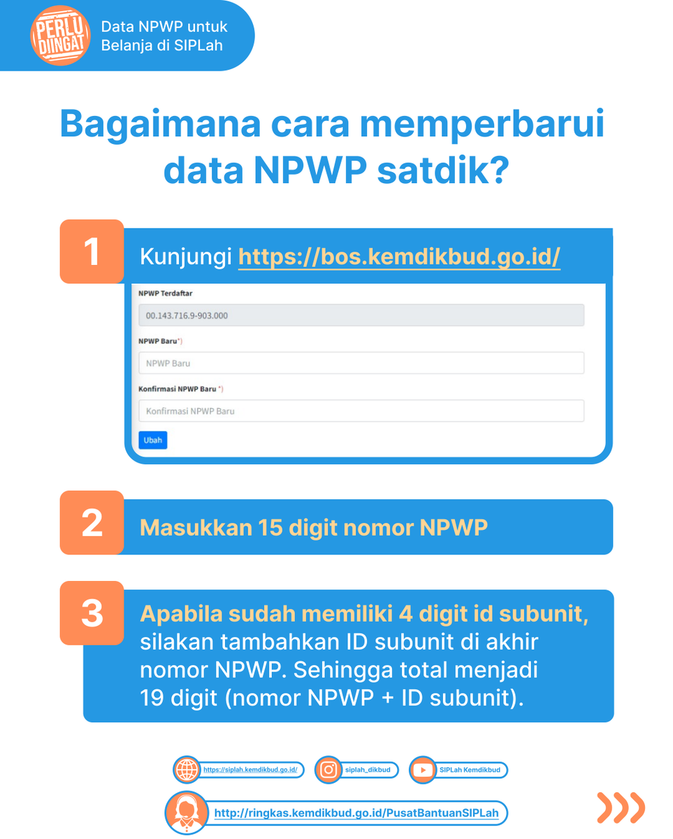 pusdatin_dasmen's tweet photo. Halo, #SahabatSIPLah!

Belanja di SIPLah? Jangan sampai salah memasukkan nomor NPWP satdik, ya! Yuk, segera masukkan atau perbarui nomor NPWP satdik agar Anda dapat bertransaksi di SIPLah. 

#SIPLahKemendikbud
#PBJSatdik https://t.co/OZ2pS35mtO
