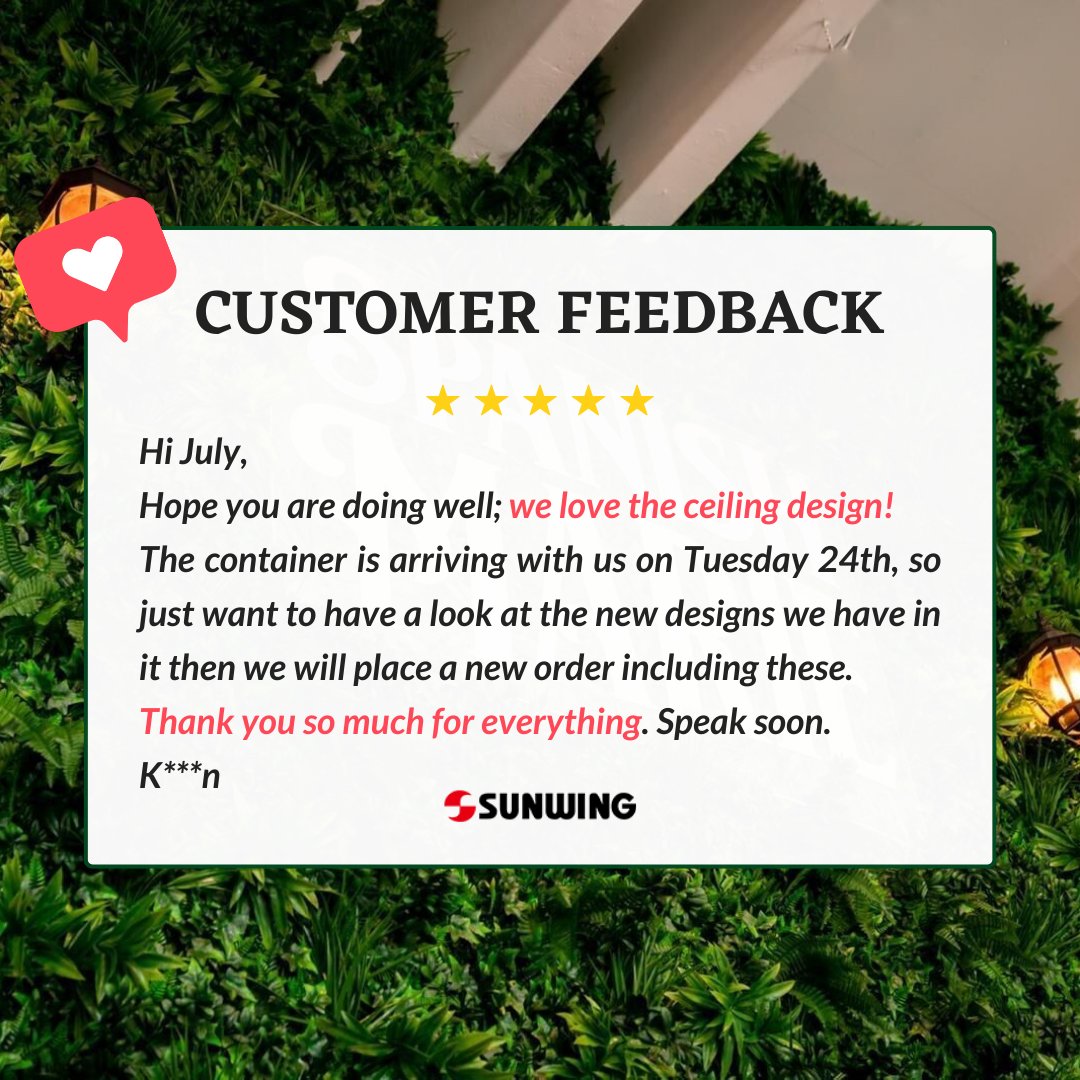 sunwinghedges's tweet photo. ❤️ Sharing recent feedback from a client. We love to see clients satisfied and motivated.
Get in touch. We’d be glad to assist you.
👉🏻https://t.co/Jv6azHLxtR

#sunwingartificialplants #artificialplantssupplier #artificialplants #artificialgreenwall #greenwall #ceilingdecor https://t.co/U0p2KLNX3V