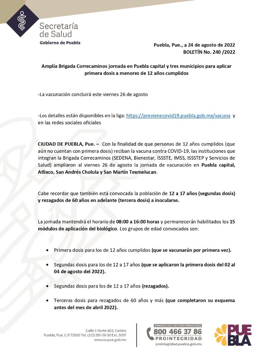 SaludGobPue's tweet photo. Se amplía hasta el 26 de agosto la vacunación en Puebla capital y tres municipios más para:
💉 12 años cumplidos (1.a dosis)
💉 12 a 17 años vacunados del 2 al 4 de agosto o antes (2.a dosis)
💉 +60 que completaron su esquema de vacunación antes de abril de 2022 (3.a dosis)
(1/2) https://t.co/9jeGcznnX1