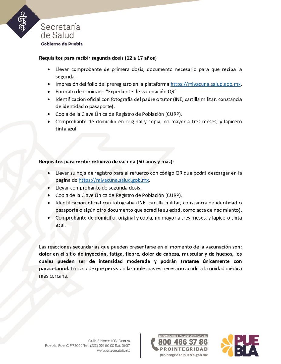 SaludGobPue's tweet photo. Se amplía hasta el 26 de agosto la vacunación en Puebla capital y tres municipios más para:
💉 12 años cumplidos (1.a dosis)
💉 12 a 17 años vacunados del 2 al 4 de agosto o antes (2.a dosis)
💉 +60 que completaron su esquema de vacunación antes de abril de 2022 (3.a dosis)
(1/2) https://t.co/9jeGcznnX1