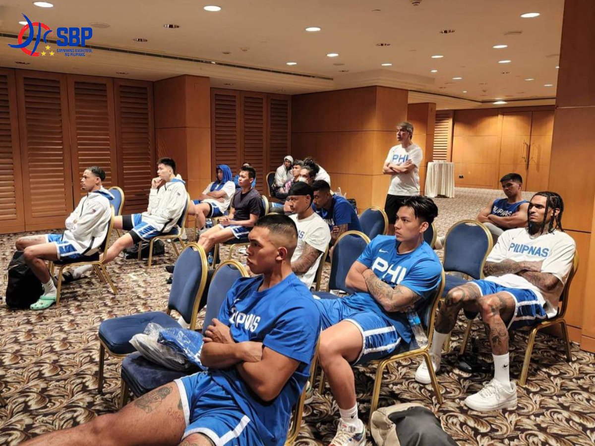 officialSBPinc's tweet photo. Training and film viewing in progress for Gilas Pilipinas Men as they prepare for their game against Lebanon. https://t.co/X1XTiYBbMf