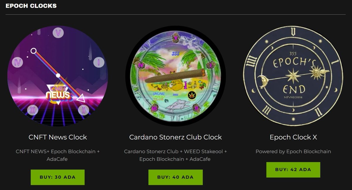 CardanoWEED's tweet photo. Get on "#Cardano Time" with an #EpochClock, available now at https://t.co/De5TEoyuPM 🔥
With many different clocks to choose from, there's one for everyone! Check out community #NFT projects at https://t.co/bGYTzSv95T https://t.co/wYLVLJyTy3