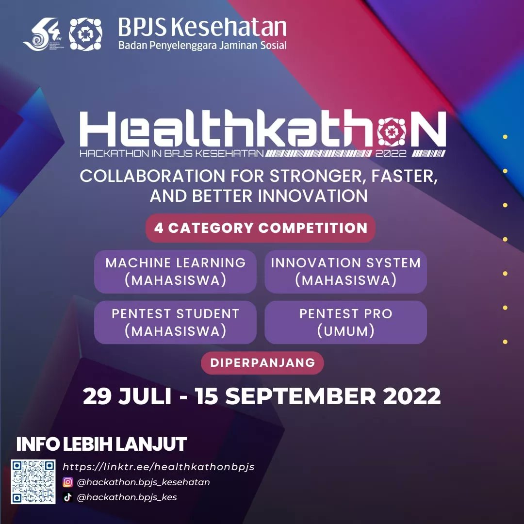 BPJSKesehatanRI's tweet photo. Ada 4 kategori yang diperlombakan, yaitu:
1. Penetration Testing Pro (Umum)
2. Penetration Testing Student (Mahasiswa)
3. Innovation System (Mahasiswa)
4. Machine Learning (Mahasiswa)
(2/3) https://t.co/RW5VVa4tCG