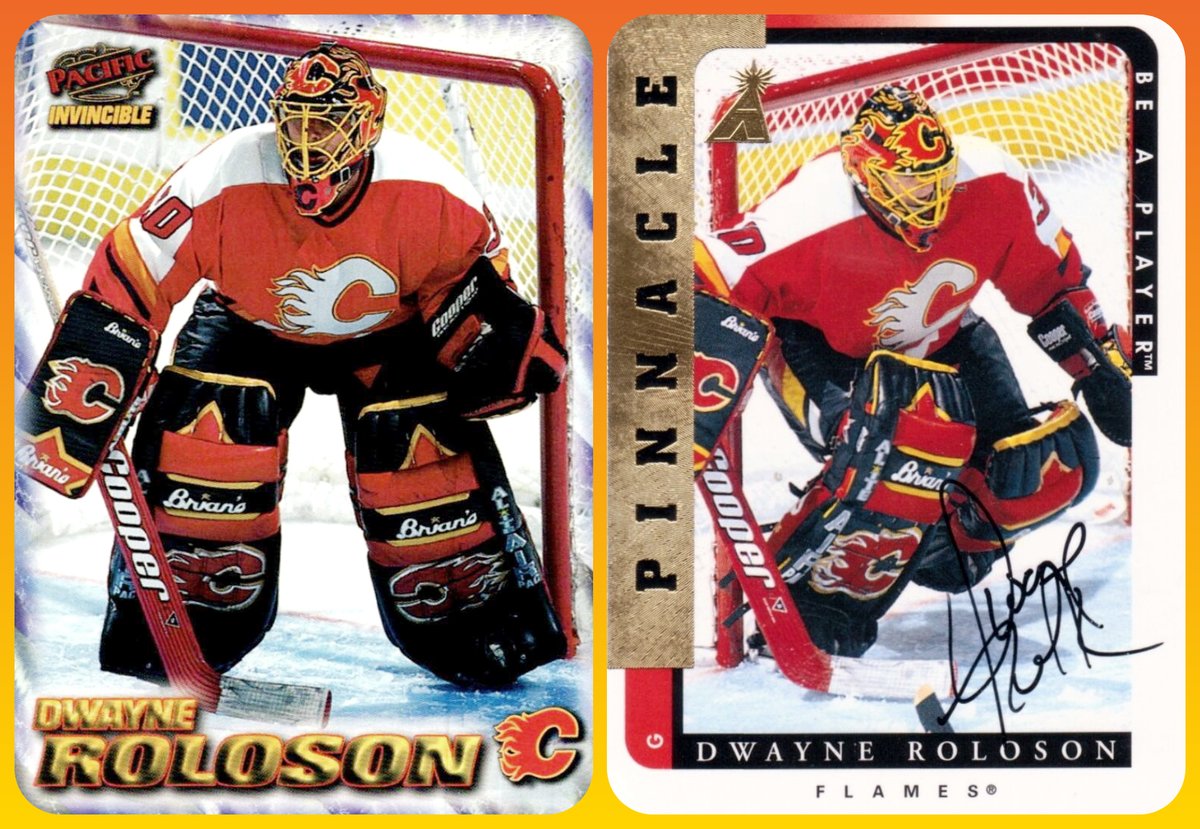 HeroesofCrease's tweet photo. A fitting team-themed gear ensemble is up for today's edition of #SickSetups!
Entering his very first #NHL season in 1996-97, Dwayne Roloson made an immediate impression with his Brian's pads and blocker with a #CalgaryFlames-themed design. His Cooper glove was nice as well. https://t.co/VcrkoiimCS