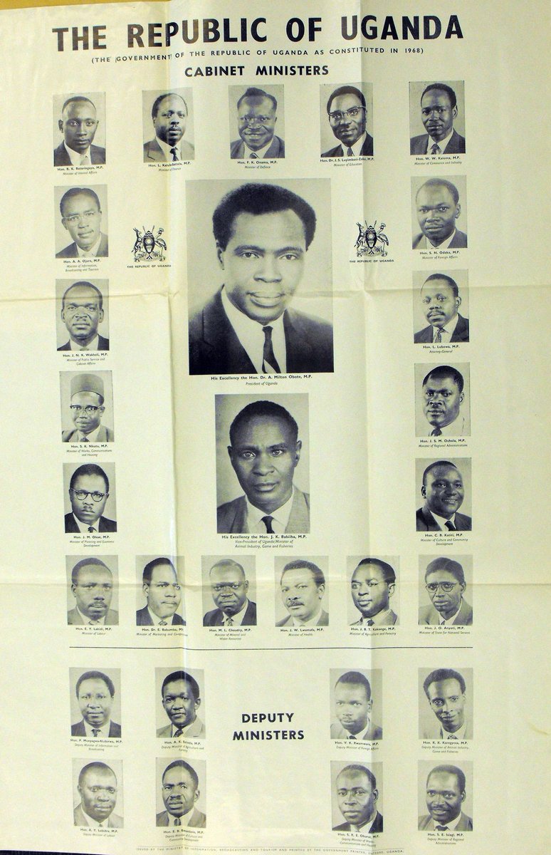 Jadwong's tweet photo. #FromTheArchives #LjFiles
📌 There you are.... The FULL #Uganda Cabinet 1968-1970
#UgHistory 🇺🇬
✅ President Obote
✳️ VP - Babiiha
✳️ Bataringaya - Internal Affairs
✳️ Kalule - Finance
✳️ Onama - Defence
✳️ Dr Luyimbazi-Zake - Education
https://t.co/Um0fuNwsT0 https://t.co/j8yYtjhRdQ