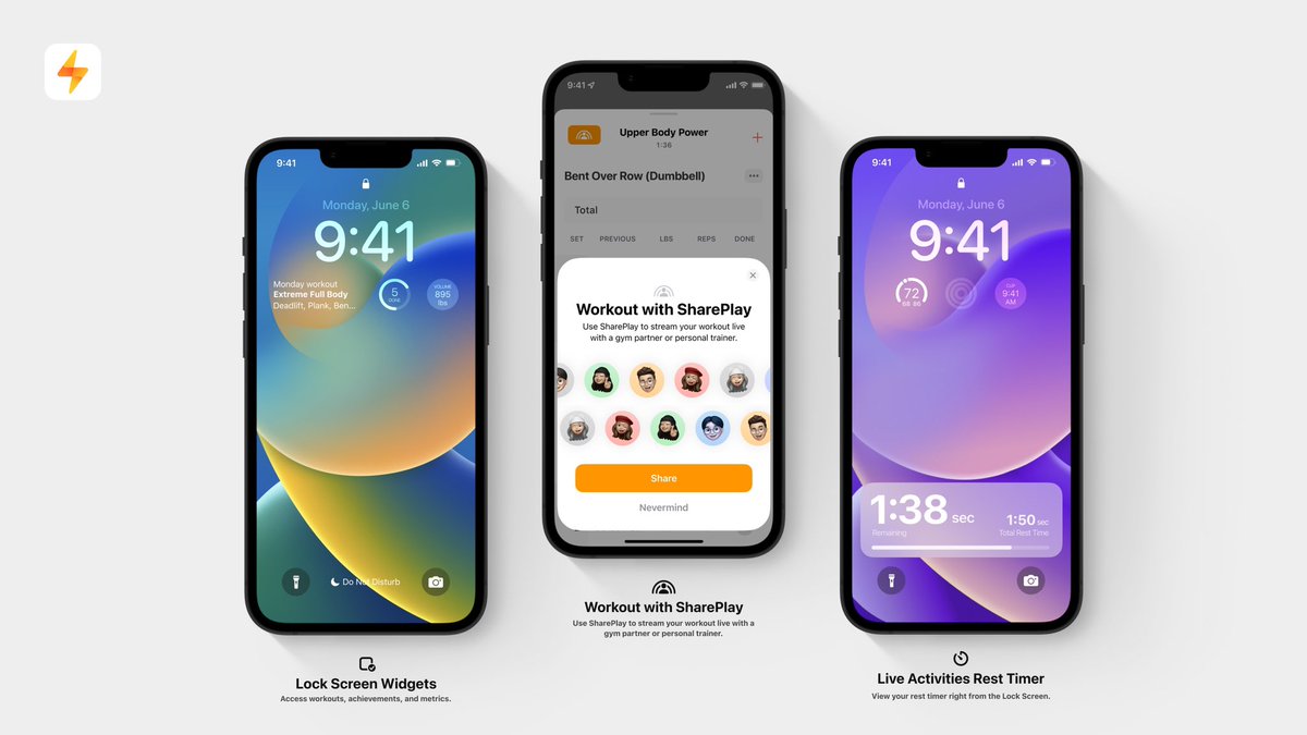bryandubno's tweet photo. @viticci @stroughtonsmith Thanks for posting @stroughtonsmith! Bolt will launch with Lock Screen Widgets, Workouts with SharePlay (super excited for this one!), and make use of Live Activities for the rest timer later this year 💪

https://t.co/W2kTRS2hAZ https://t.co/bLYCAnW7RB
