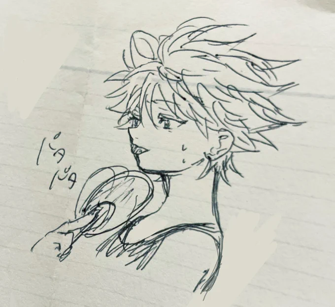 ゴンキル、🍉食べて外で遊んで日焼けして、暑くてジメジメした夜になんかエモい雰囲気で話しててほしい…何も描けてないので夏バテしてるキルアくん殴り書きした… 