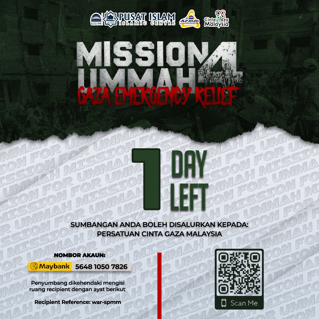 spmm_usim's tweet photo. 🇲🇾🇵🇸 [ MISSION FOR UMMAH (M4U) 3.0: GAZA EMERGENCY RELIEF #1 DAY LEFT ] 🇵🇸🇲🇾

#mediaspmm
#spmm2122
#spmm-war
#muharamberdarah
#israelkoyak https://t.co/0GNgGYbNiG