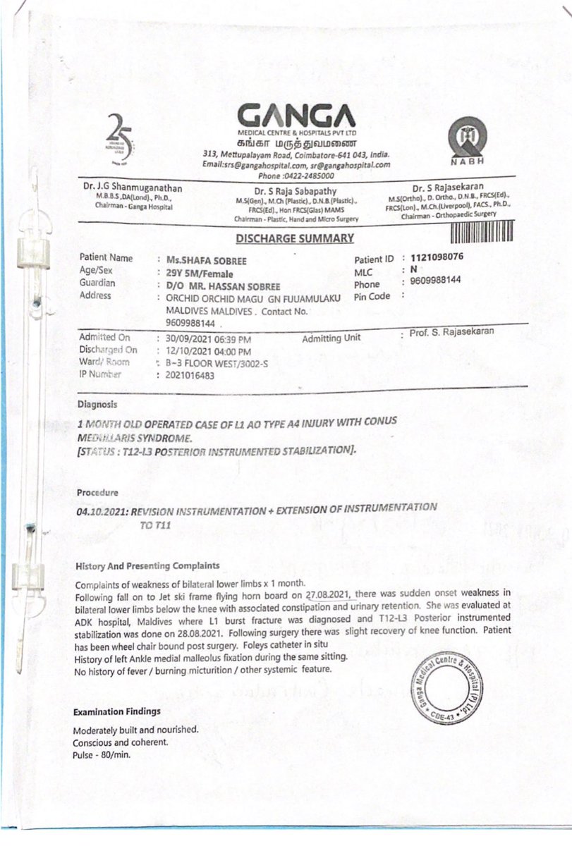 I had an accident one year ago. I am paraplegic due to L1 fracture which caused spinal injury. I am unable to walk without support. I would like to go to abroad for further treatment so I need financial assistance

Acc: 7730000031224 mvr
7730000067437 usd 
Shafa sobree