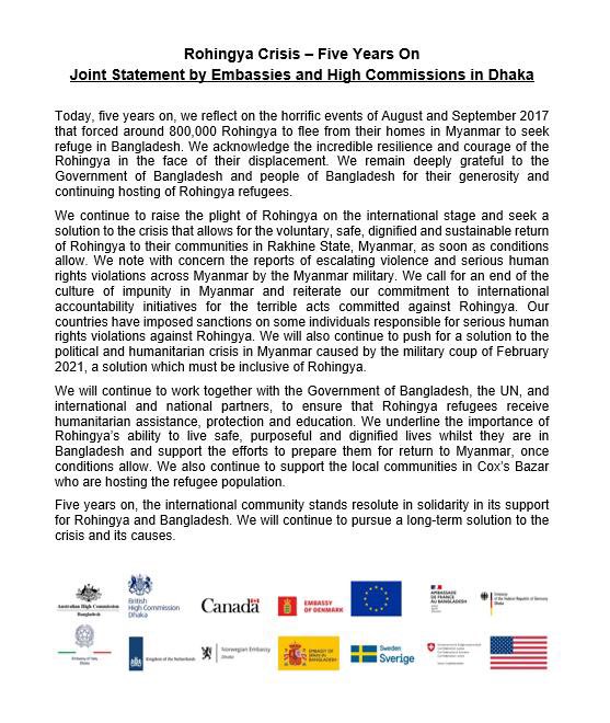 NLinBD1's tweet image. Today, 5 years on, we reflect on the horrific events that forced around 800.000 Rohingya to flee to Bangladesh. NL remains committed to international accountability to bring those responsible to justice and we stand resolute in our support to the Rohingya and BD. @DutchMFA
