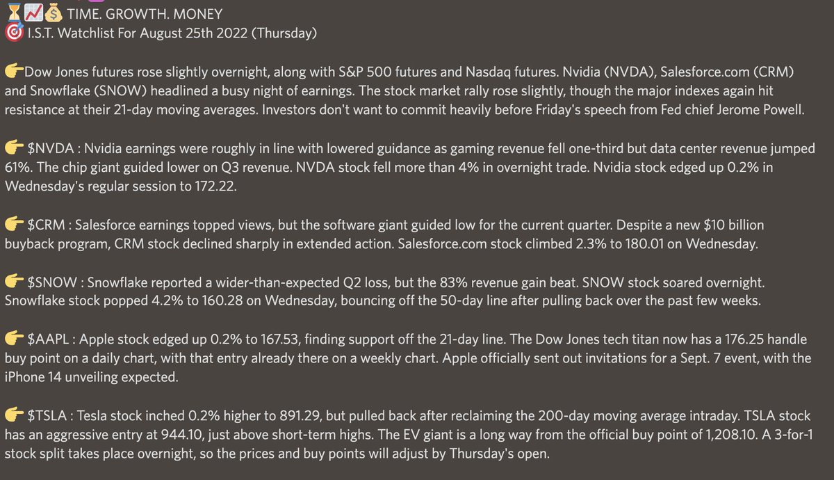 AMadMoneyIST's tweet photo. 🎯 I.S.T. Watchlist For August 25th 2022 (Thursday) $AAPL $CRM $SNOW $TSLA $NVDA https://t.co/hpmHiaOED1