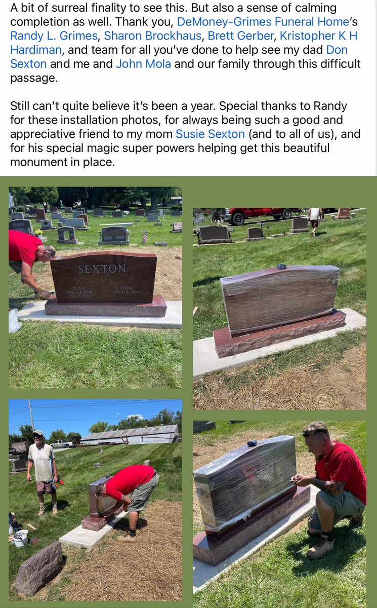 roysexton's tweet photo. A bit of surreal finality to see this. But also a sense of calming completion as well. Thank you, DeMoney-Grimes Funeral Home’s Randy L. Grimes and team for all you’ve done to help see my dad and me and @johnfmola and our family through this difficult passage. @FansOfSusie https://t.co/wtoCxxhakl