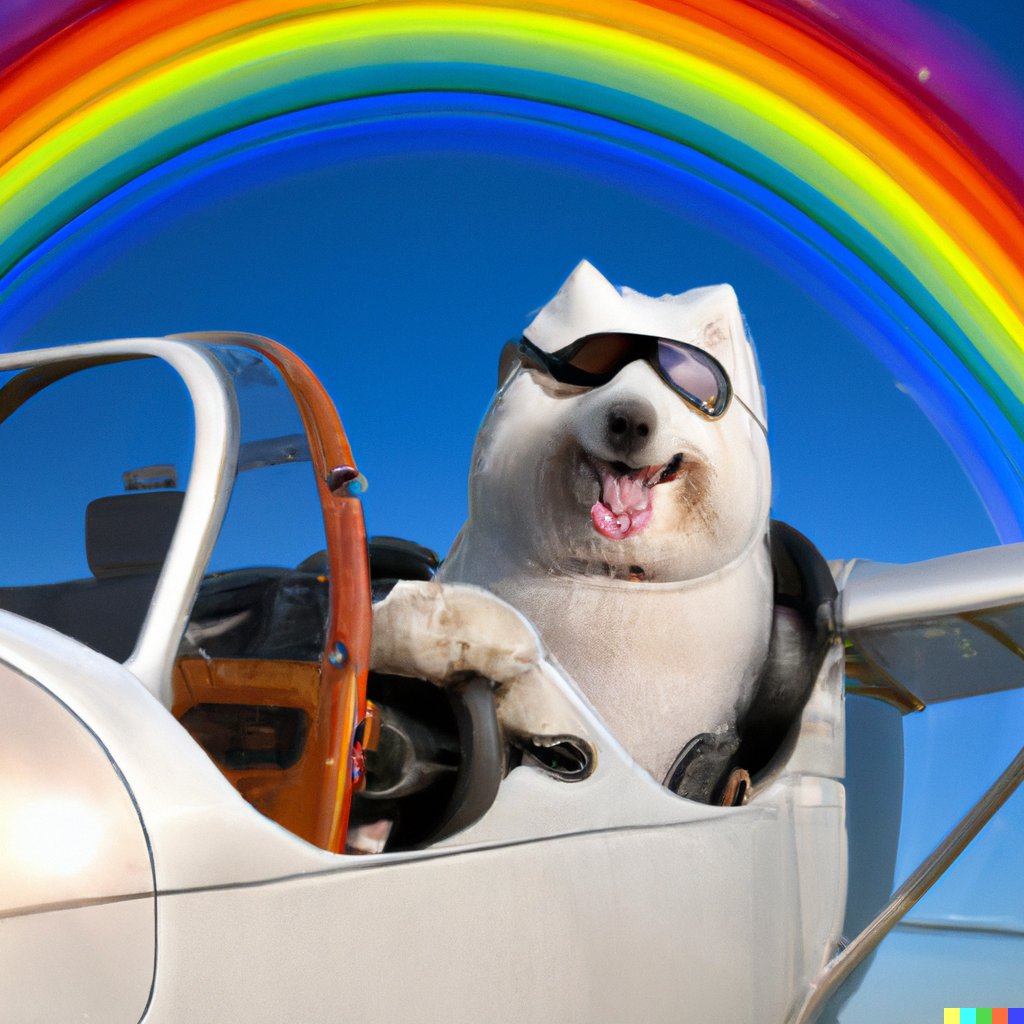 elijahmathews's tweet photo. A Samoyed dog wearing aviator sunglasses flying an open-cockpit biplane with a rainbow in the background #dalle2 https://t.co/3tFSCuEJ3n