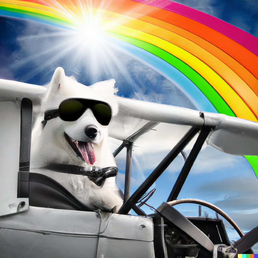 elijahmathews's tweet photo. A Samoyed dog wearing aviator sunglasses flying an open-cockpit biplane with a rainbow in the background #dalle2 https://t.co/3tFSCuEJ3n