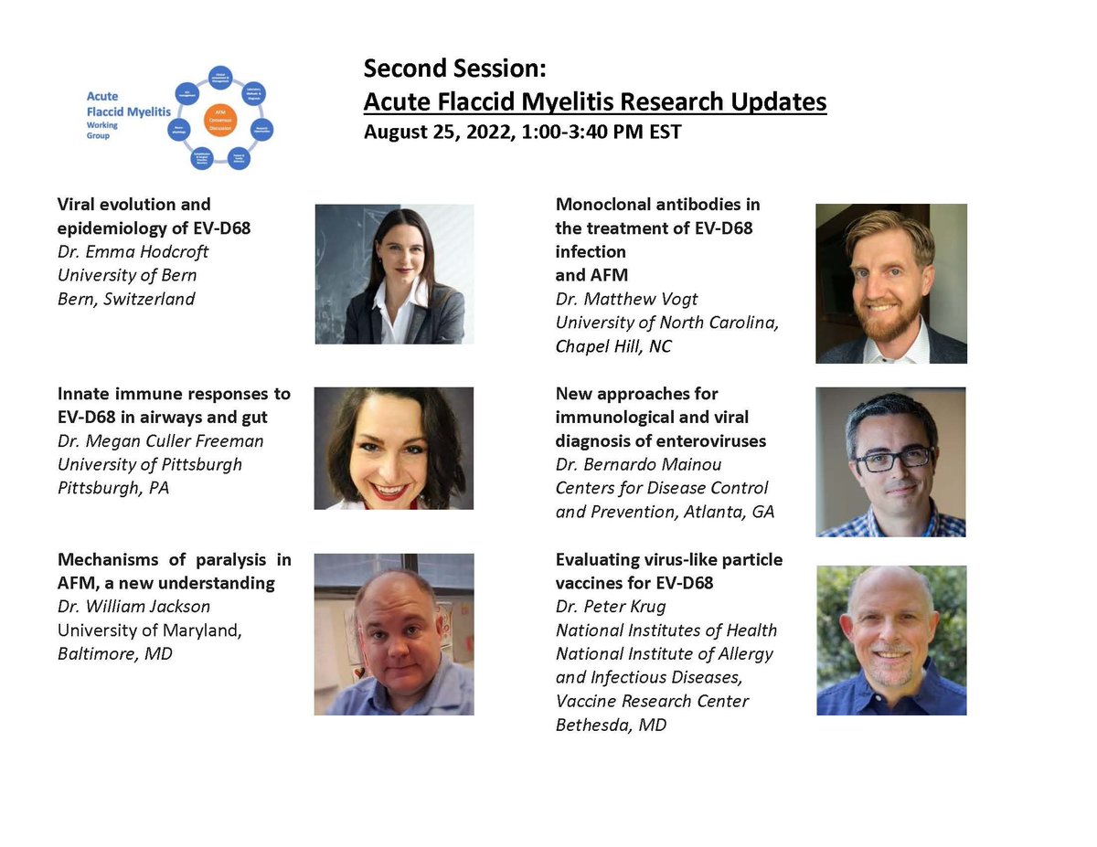 2nd. AFM Virtual Symposium-Second Session August 25th 2022 jhjhm.zoom.us/webinar/regist… 
The latest research updates on Acute Flaccid Myelitis and Enteroviruses!!! Are you already registered?
Thursday, August 25th at 1:00 PM EST