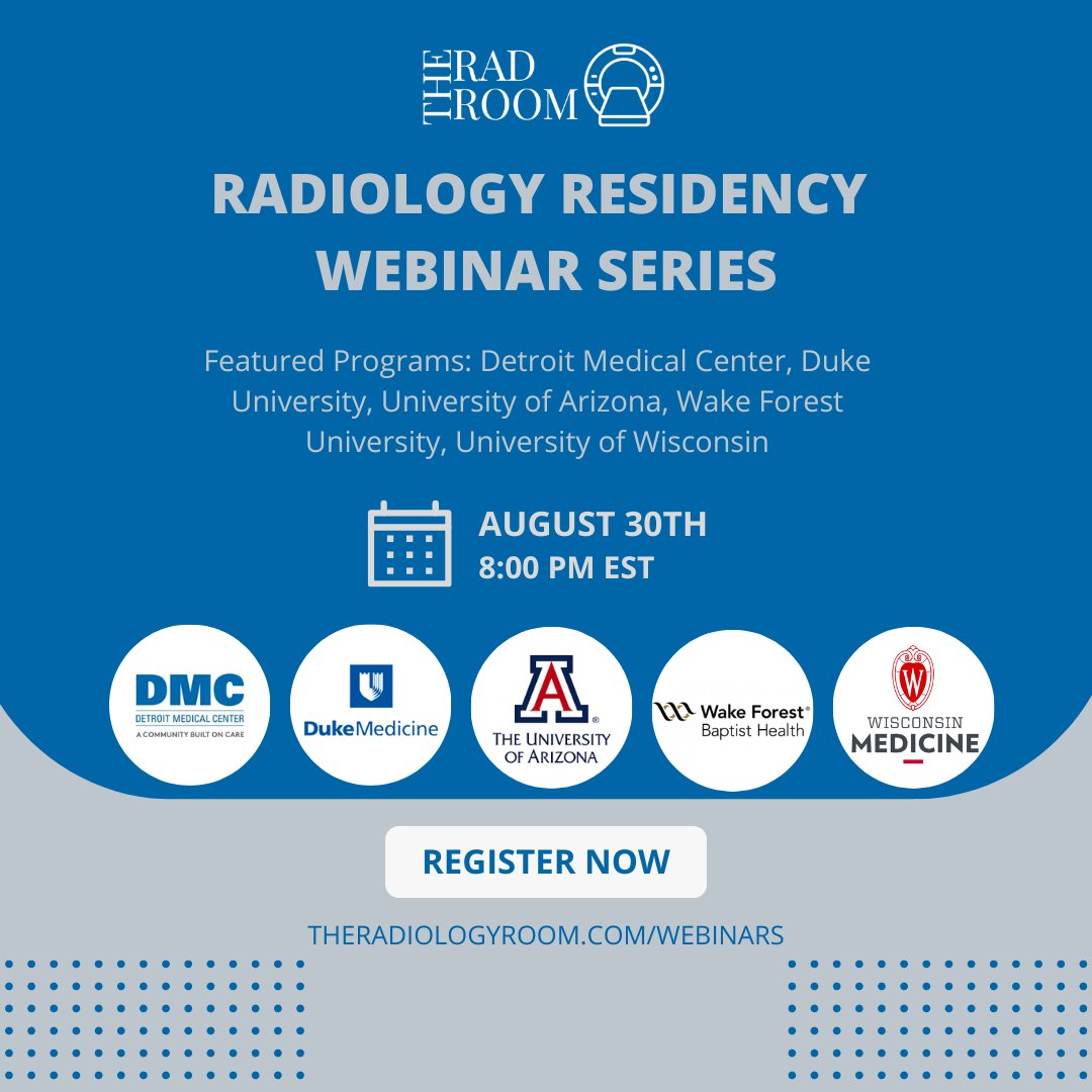 TheRadRoom (@theradroom) on Twitter photo Hey #FutureRadRes, you are in for a loaded session next week featuring these five incredible programs! We'll see you soon! #Match2023 #RadTwitter
<a href="/DukeRadiology/">Duke Radiology</a> <a href="/DMC_Radiology/">DMC Diagnostic Radiology Residency</a> <a href="/UofAZRads/">University of Arizona Radiology Residencies</a> <a href="/wakehealthDR/">Wake Forest Baptist Diagnostic Radiology</a> <a href="/UWiscRadiology/">UW Radiology</a> <a href="/cgeerechols/">Carol Geer</a> @MTaylorChoMD <a href="/birenashah/">Biren A. Shah, MD, FACR, FSBI (He, Him, His)</a> <a href="/MankowskiGettle/">Lori Mankowski Gettle,MD,MBA</a> Hey #FutureRadRes, you are in for a loaded session next week featuring these five incredible programs! We'll see you soon! #Match2023 #RadTwitter
<a href="/DukeRadiology/">Duke Radiology</a> <a href="/DMC_Radiology/">DMC Diagnostic Radiology Residency</a> <a href="/UofAZRads/">University of Arizona Radiology Residencies</a> <a href="/wakehealthDR/">Wake Forest Baptist Diagnostic Radiology</a> <a href="/UWiscRadiology/">UW Radiology</a> <a href="/cgeerechols/">Carol Geer</a> @MTaylorChoMD <a href="/birenashah/">Biren A. Shah, MD, FACR, FSBI (He, Him, His)</a> <a href="/MankowskiGettle/">Lori Mankowski Gettle,MD,MBA</a>
