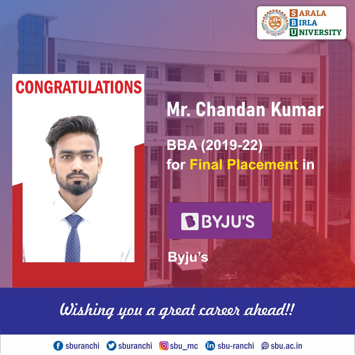 sburanchi's tweet photo. Congratulations to Mr. Chandan Kumar of BBA 2019-22 Batch for his Final Placement in Byju's.
#sbu #sburanchi #campusplacement #finalplacement #BBA #bbaplacement #byjus https://t.co/KoNO5zFgKk