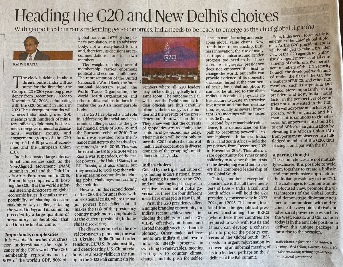NayanimaBasu's tweet photo. “The clock is ticking…”
Read this important piece by veteran diplomat @bhatia_rk on some of the difficult choices/ tasks that India faces as it gears up to assume the #G20 chair from Dec 2022 #mustread https://t.co/gtmQQZAaY1