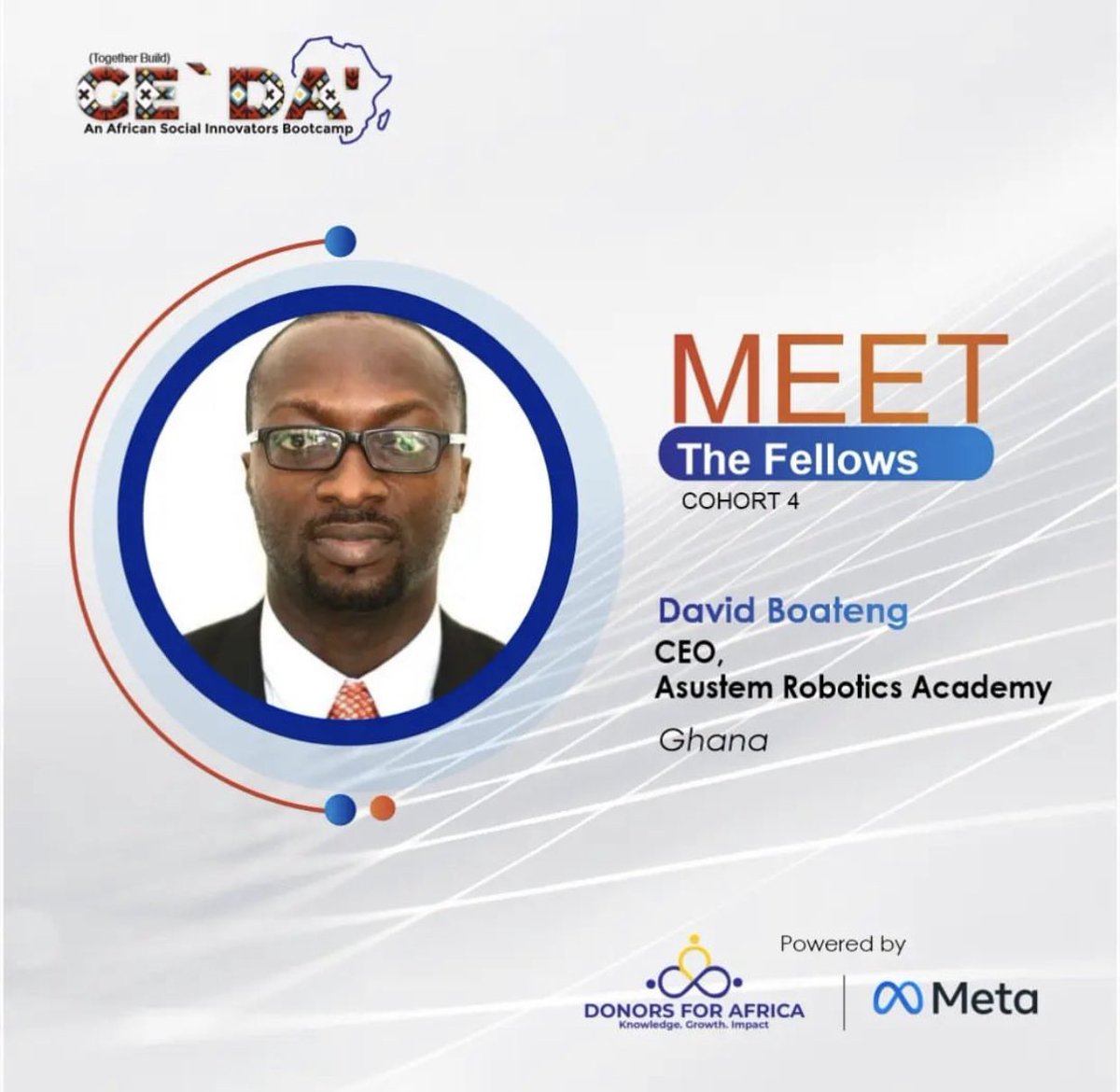 asustemrobotic's tweet photo. We are pleased to share the exciting news of our Founder’s selection as a 2022 Cohort 4 GE'DA Digital fellow. The premier African Social Innovators Bootcamp organized by @donorsforafrica and @meta.
@asustemrobotic https://t.co/ONXtbPBbb1