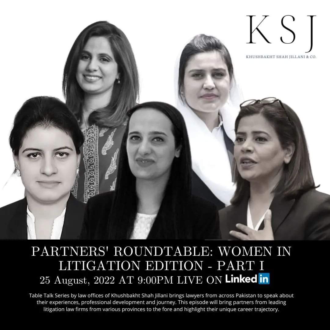WomenInLawPk's tweet photo. Tonight @KhushbakhtJill1 brings together a panel of #womeninlaw who are Partners in law firms from across Pakistan for a 'Partners Roundtable' to discuss women in litigation.  
9 pm on LinkedIn. 
Do tune in. https://t.co/XqVexv57qC