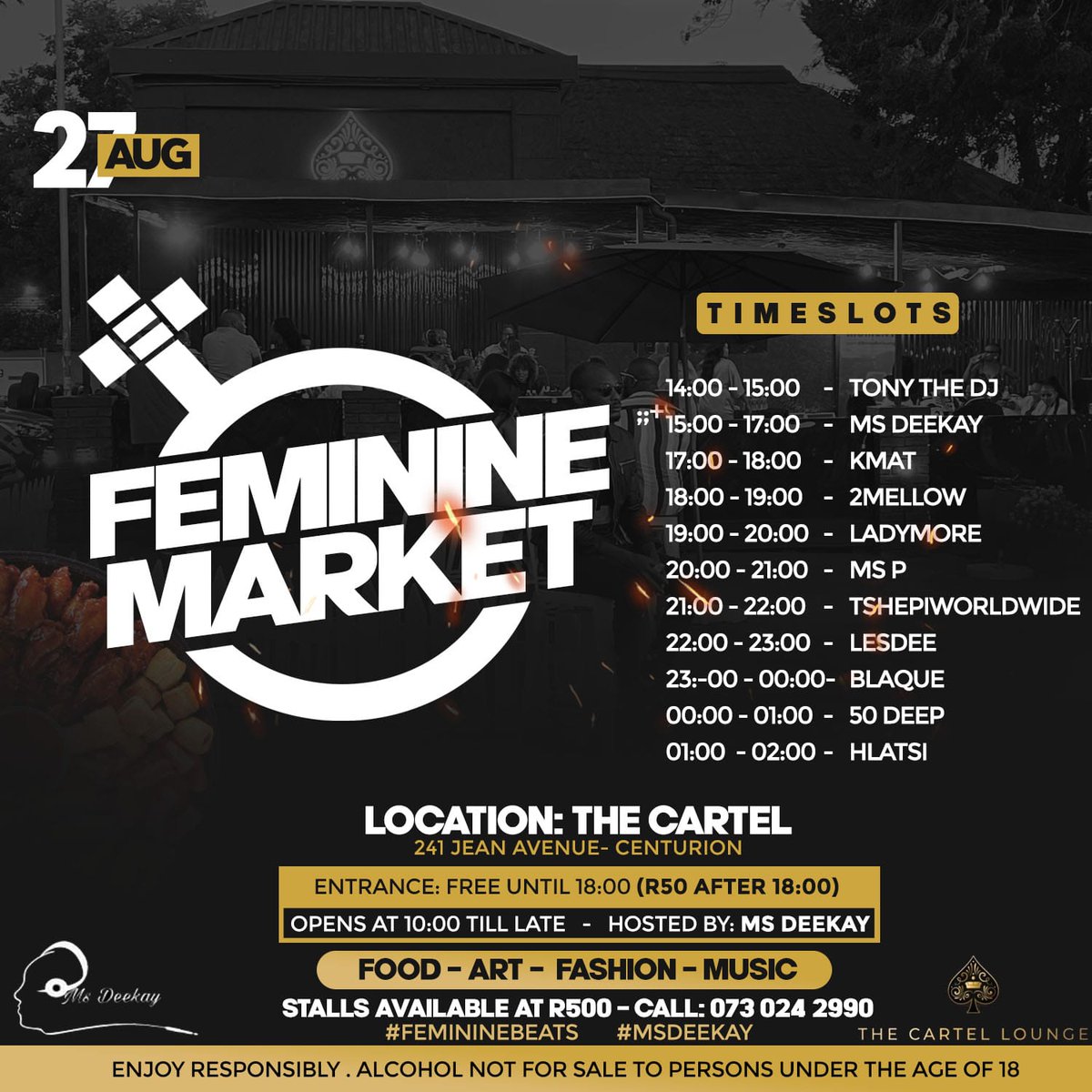 Don't miss out on your favorite Dj👇
#femininebeats #socialmarket #womensmonthcelebration #helpaschoolgirl #msdeekay Let's go💃Stalls available to book for your business items 📞0730242990
Entrance: A pack of Sanitary Pads until 18h00 and R50 from 18h00 at the gate.🙏