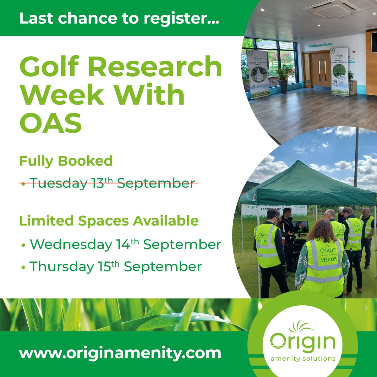 OriginAmenity's tweet photo. Places for our Golf Research Week at @OAS_TurfScience are filling fast, with Tuesday 13th September now fully booked!

We have limited spaces left on Wednesday 14th September &amp; Thursday 15th September, if you are interested be sure to book now.

Book 👇

https://t.co/51Tn2lkzHT https://t.co/0eJ7Xf5Twz