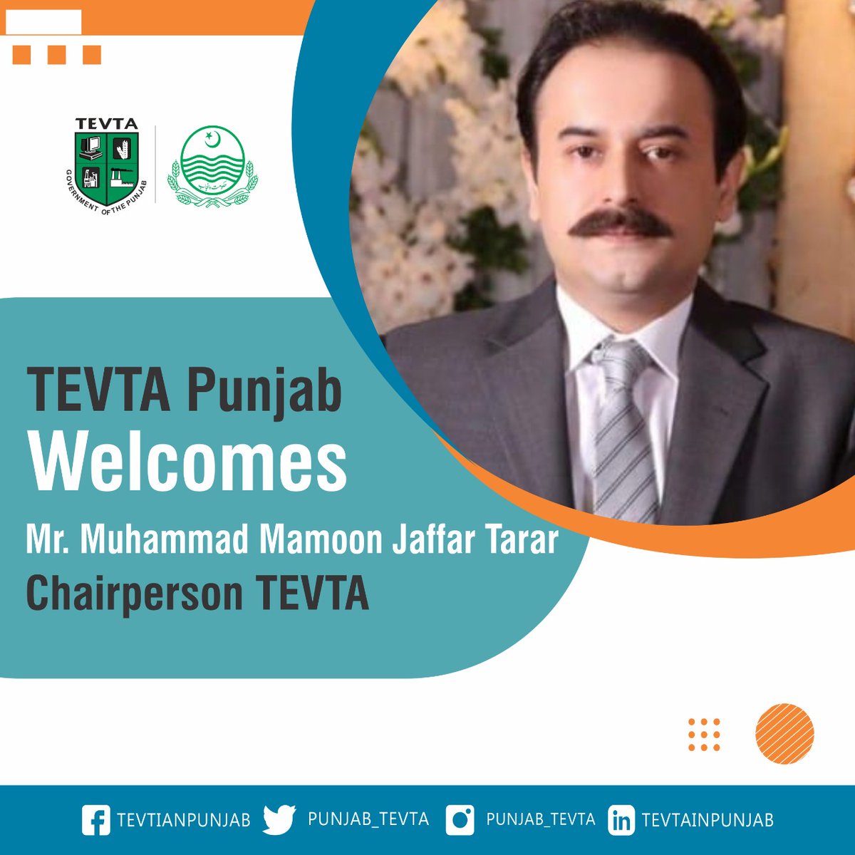 punjab_tevta's tweet photo. TEVTA Punjab Welcomes Honorable Mr. Muhammad Mamoon Jaffar Tarar as Chairperson TEVTA https://t.co/MDnLkjja5R