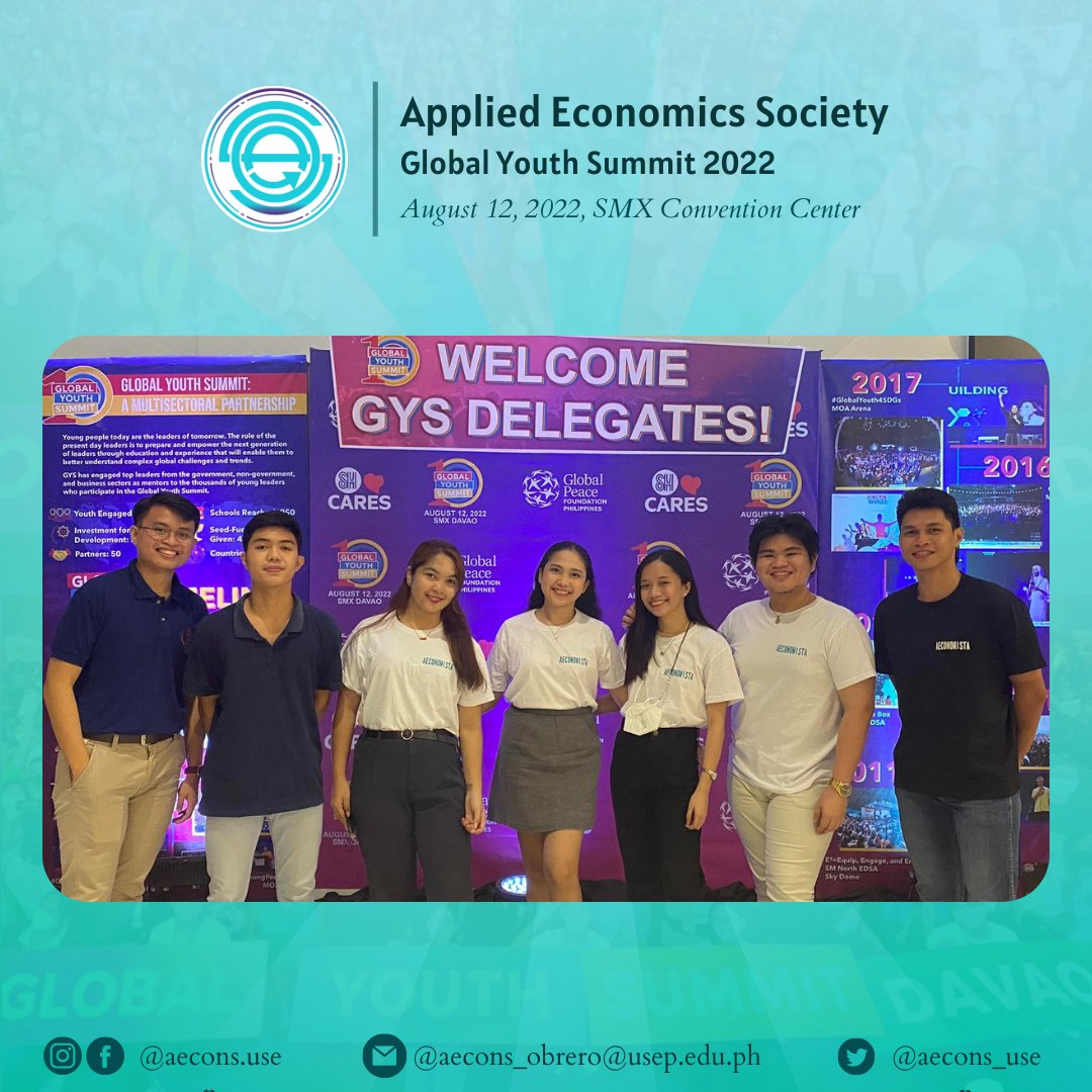 [𝐋𝐎𝐎𝐊] The Applied Economics Society (AEconS) attended the 10th Global Youth Summit (GYS), which is one of the largest gatherings of young people in the world. AEconS had an excellent and insightful time during the event.✨

#AEconSxGYS
 #GYS2022 
#ExcitingJourneyWithAEconS