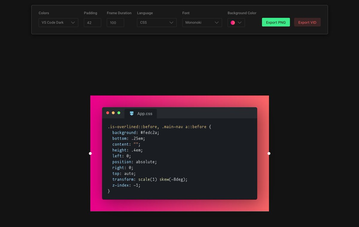 WalterStephanie's tweet image. #PrettyCode
A cool tool to create beautiful images and videos of your code for articles, conf, presentations, etc. 
recoded.netlify.app/?utm_source=st…