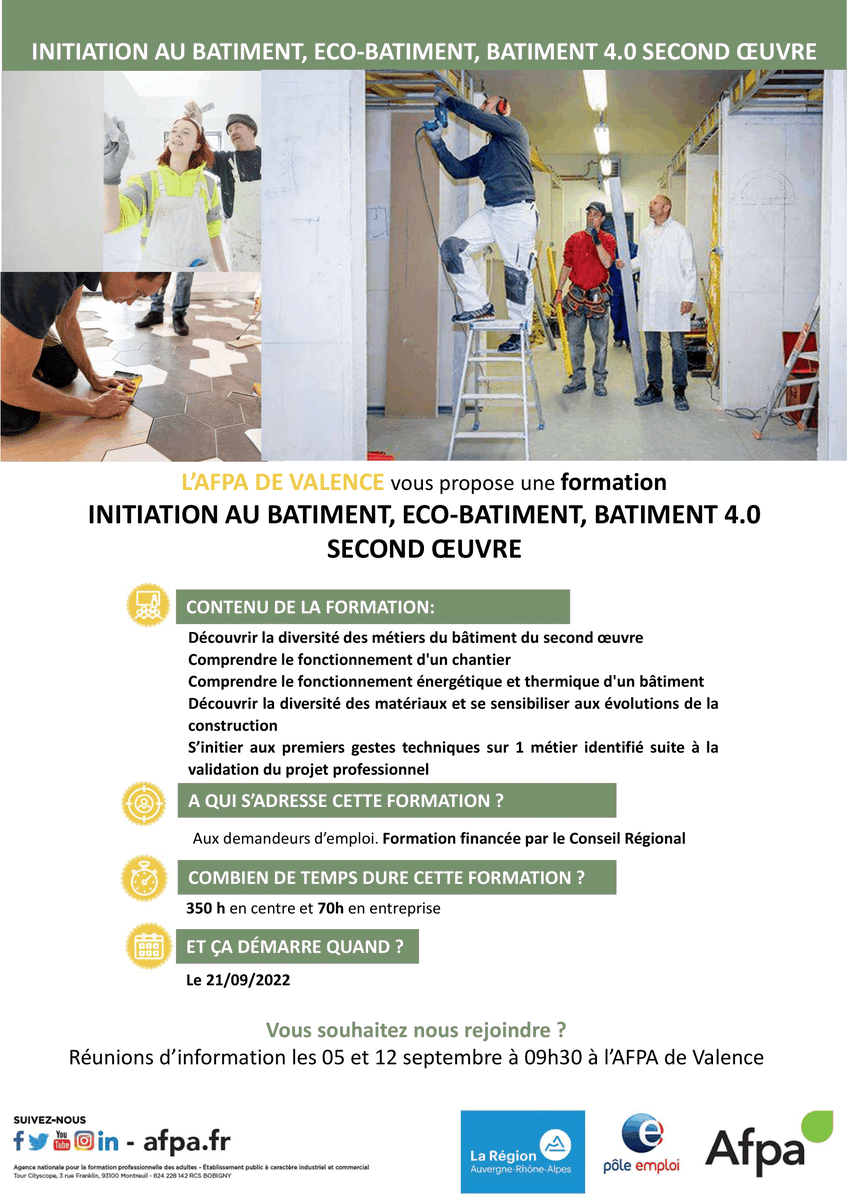 mlatv_'s tweet photo. Dès la rentrée, l'AFPA de Valence vous propose deux formations pour s'initier aux métiers du bâtiment et à l'industrie du futur ! 👷🏭

Les 05 et 12 septembre 2022 🗓️
Dès 9h30 🕐
Au centre AFPA de Valence 📍 https://t.co/2uOUET8rMs