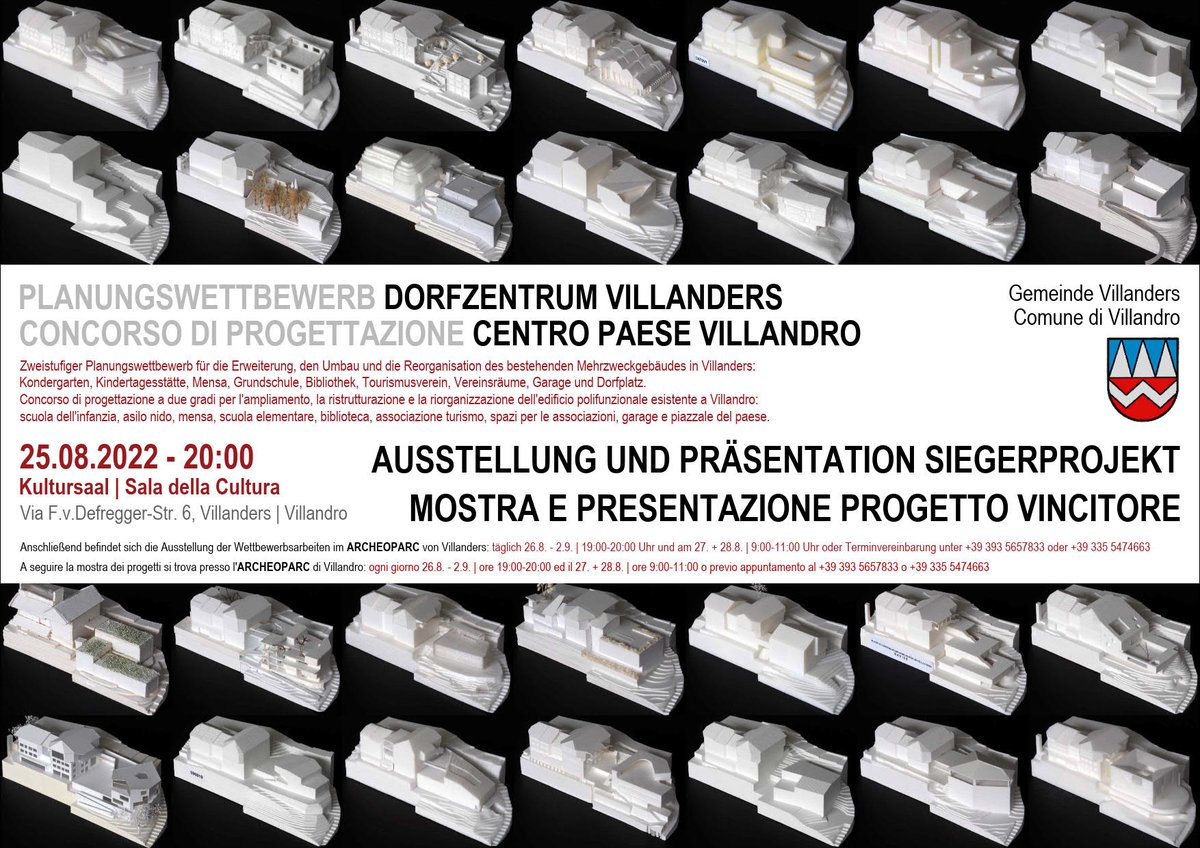 Sehen wie sich das Dorfzentrum von Villanders verändert: Präsentation Siegerprojekt Planungswettbewerb "Dorfzentrum Villanders" mit KiGa, KiTaS, Mensa, Grundschule, Bibliothek, Tourismusverein, Vereinsräume, Garage und Dorfplatz. Diesen Do. 25.08.2022 um 20.00 Uhr im Kultursaal.